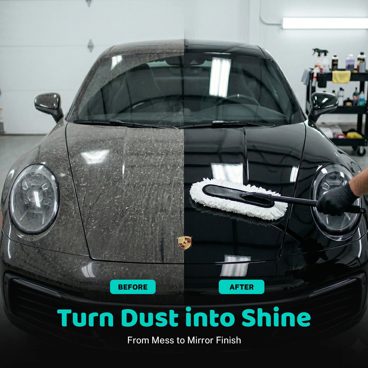 Before and after using CarCare360 car duster — dusty car paint transformed to mirror finish in one swipe