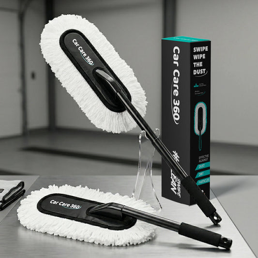 CarCare360 car duster with extendable handle, duster head, storage cover and product box on grey surface
